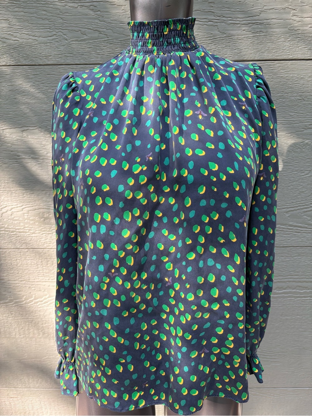 Tucker NYC Silk Smocked-Neck Blouse in Lightning Bug Navy Green & Teal Dot Print